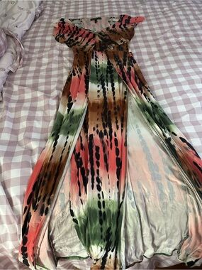 Flowing Multicolor Maxi Dress - Coral, Olive & Brown